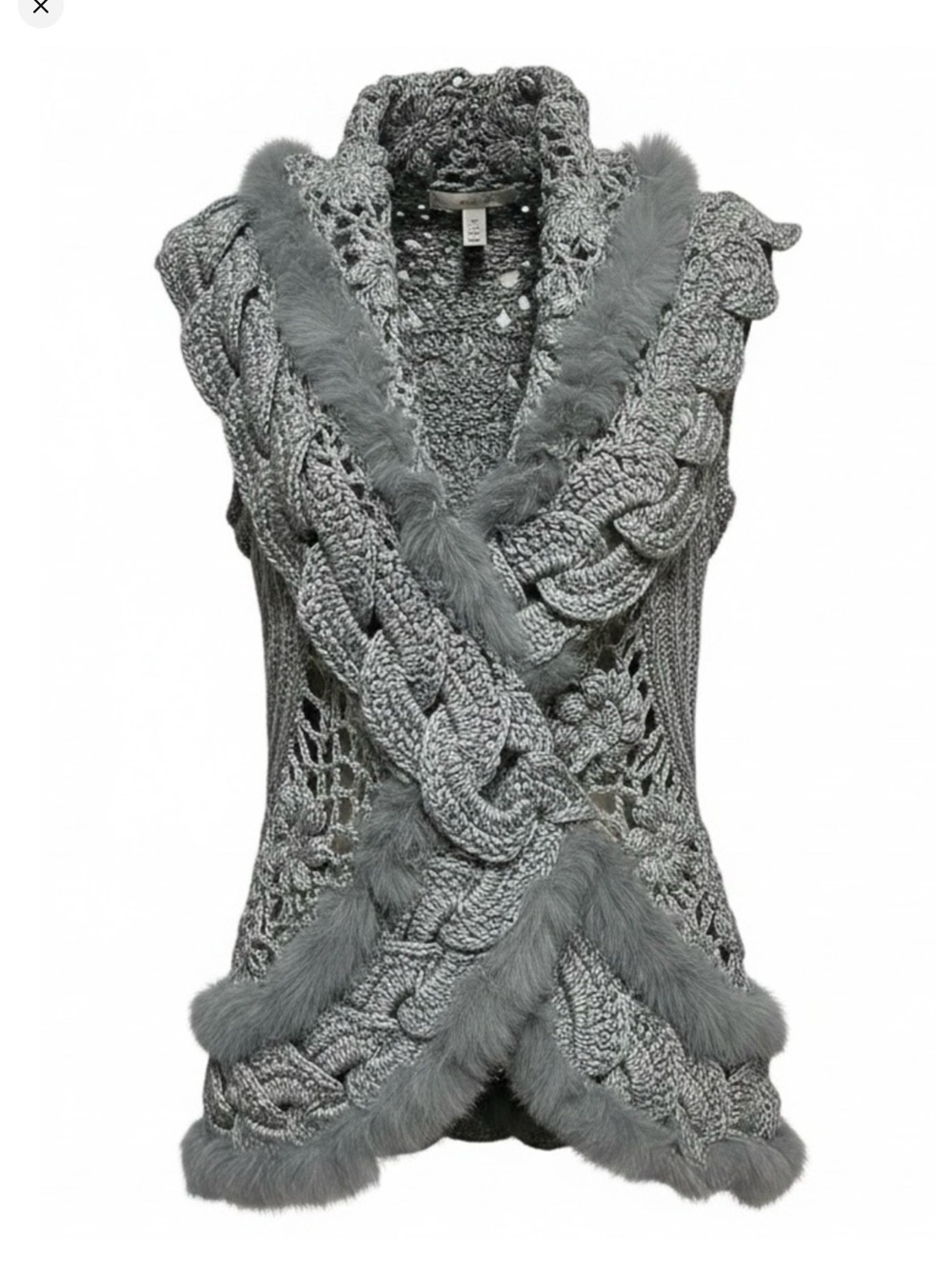 Sioni NY NWT Gray Crochet Knit Fur Trim Sleeveless Vest Cardigan L/XL